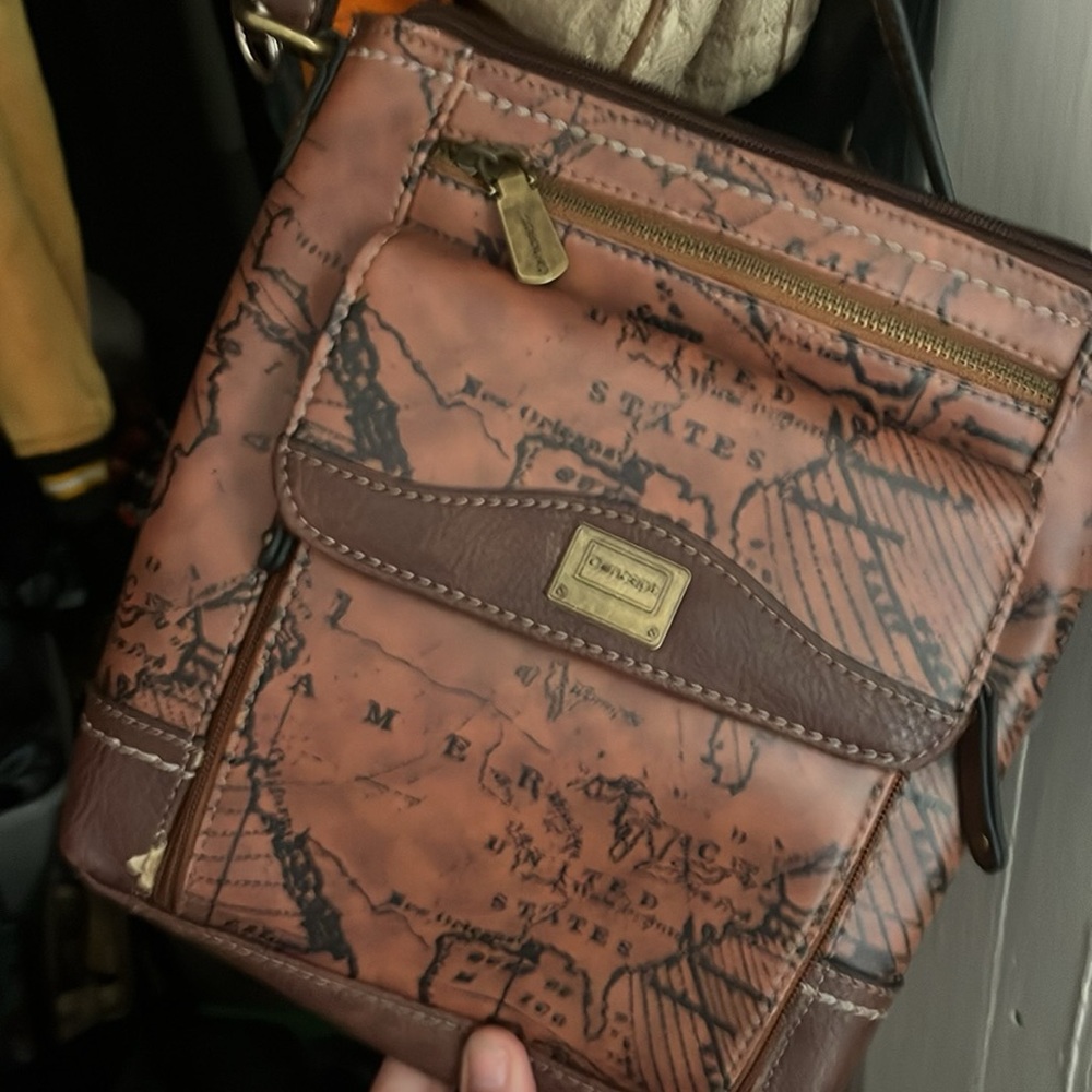 Fossil Brown Leather Map Print Messenger Bag
